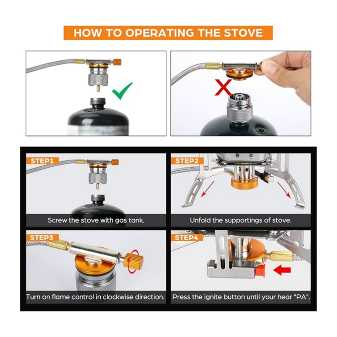 Windproof camping stove, camping gas stove with windshield, fuel tank adapter, piezoelectric ignition, suitcase, portable folding stove burner, outdoor backpack, hiking and picnic