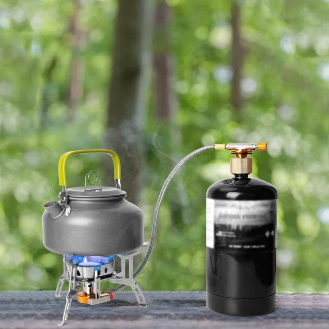 Windproof camping stove, camping gas stove with windshield, fuel tank adapter, piezoelectric ignition, suitcase, portable folding stove burner, outdoor backpack, hiking and picnic