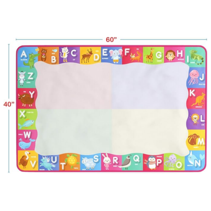 Water Doodle Mat - for Kids 60x40 Inch Water Drawing Canvas - Fun and Educational Alphabet Aqua Magic Coloring Pad with Brushes, Stamps, Stencils, Carry Case - Reusable, Mess Free, Non Toxic