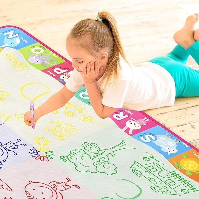 Water Doodle Mat - for Kids 60x40 Inch Water Drawing Canvas - Fun and Educational Alphabet Aqua Magic Coloring Pad with Brushes, Stamps, Stencils, Carry Case - Reusable, Mess Free, Non Toxic