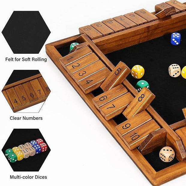 Shut the Box Wooden Dice Game – 1 to 4 Players | Math Strategy Tabletop Game with 8 Colored Dice & Storage Bag