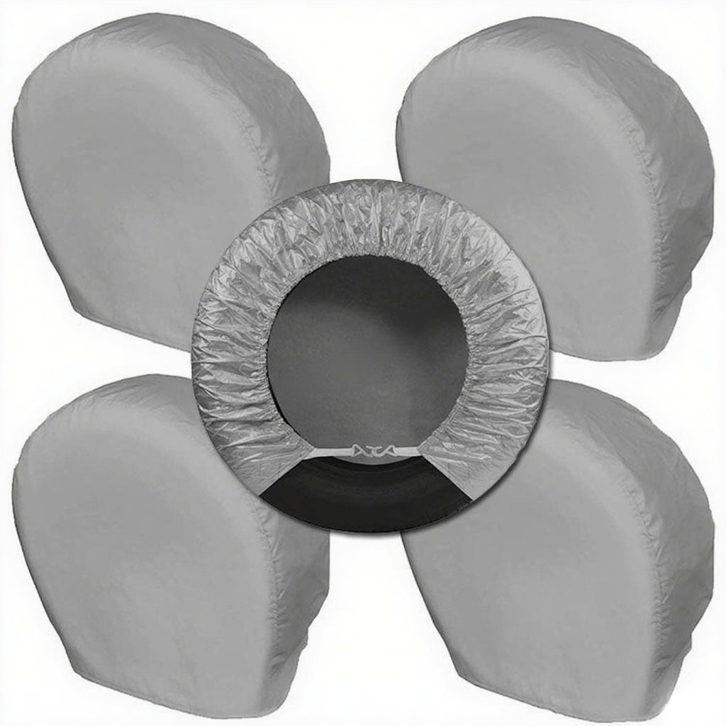 420D Oxford gray tire covers – sunproof, waterproof, and durable 4-piece set for RVs and cars.