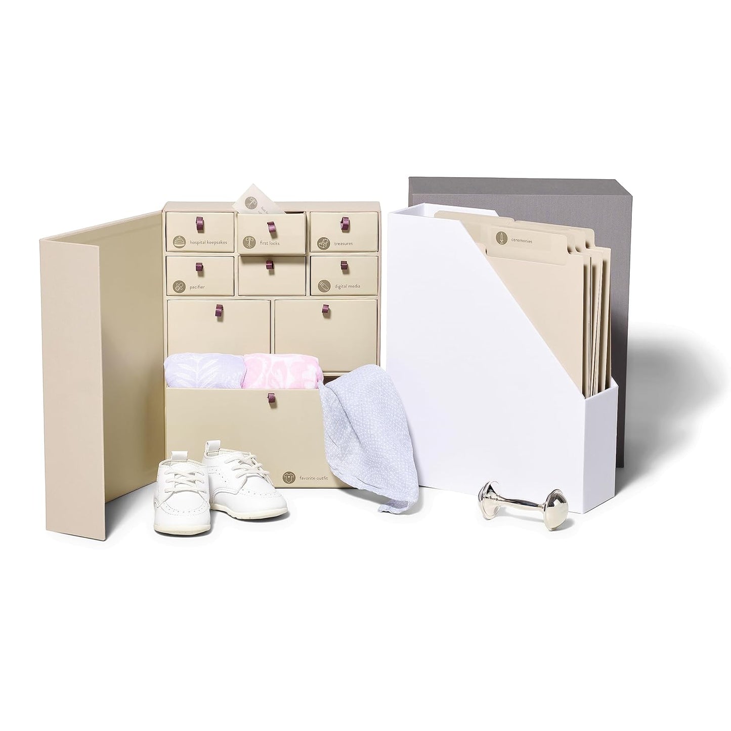 Deluxe Baby Keepsake Box – Fabric-Bound Memory Organizer with Labeled Drawers | Acid-Free Storage for Newborn Memories