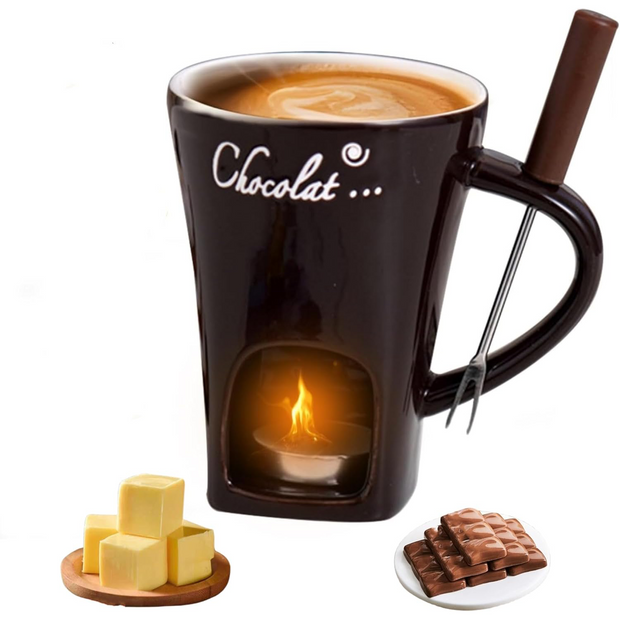 Chocolate Fondue Mug Set – Mini Ceramic Fondue Cup with Forks and Candle