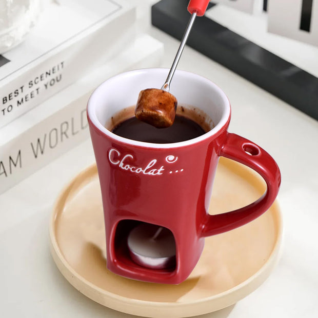 Chocolate Fondue Mug Set – Mini Ceramic Fondue Cup with Forks and Candle