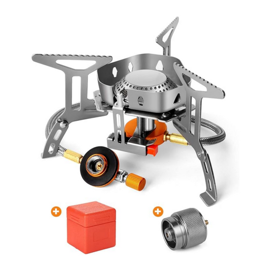 Windproof camping stove, camping gas stove with windshield, fuel tank adapter, piezoelectric ignition, suitcase, portable folding stove burner, outdoor backpack, hiking and picnic