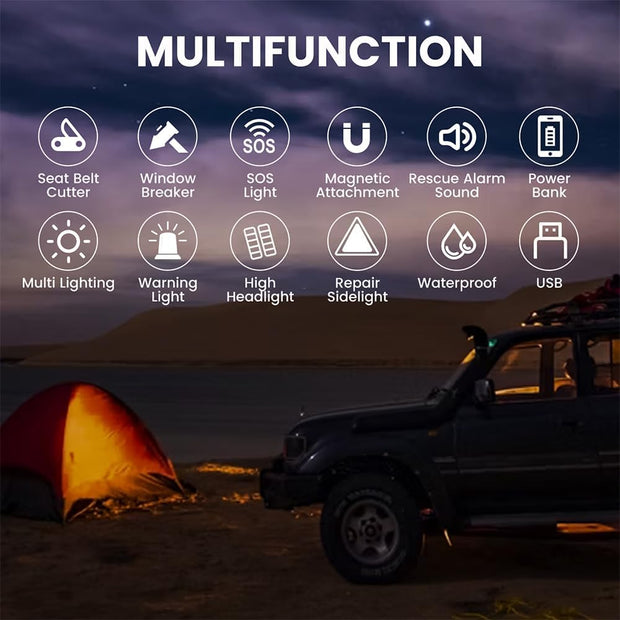 Ultimate 6-in-1 Car Safety Hammer – Tactical Flashlight, Window Breaker, Seatbelt Cutter & Emergency Survival Tool