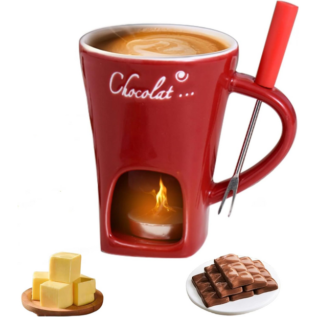 Chocolate Fondue Mug Set – Mini Ceramic Fondue Cup with Forks and Candle