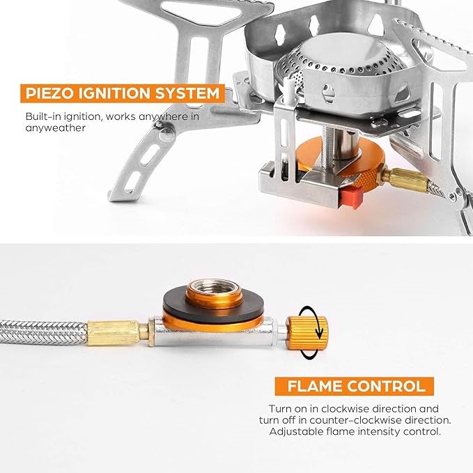 Windproof camping stove, camping gas stove with windshield, fuel tank adapter, piezoelectric ignition, suitcase, portable folding stove burner, outdoor backpack, hiking and picnic