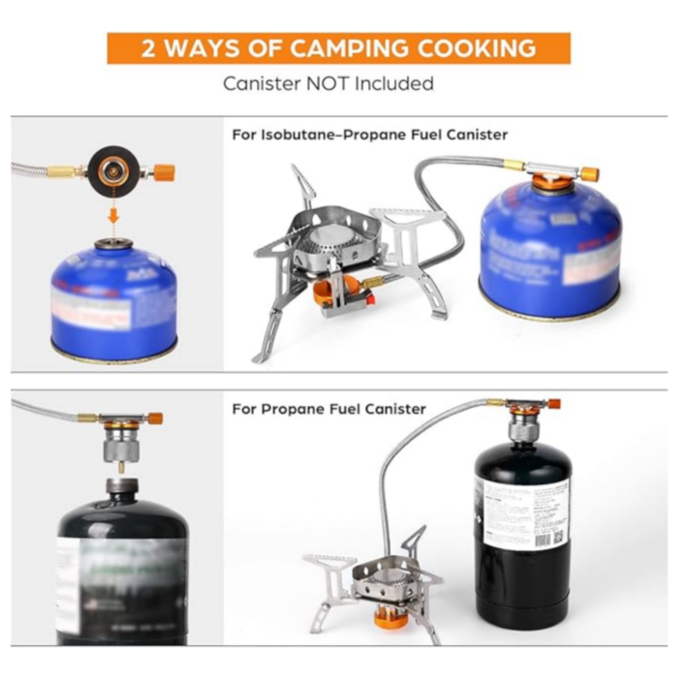 Windproof camping stove, camping gas stove with windshield, fuel tank adapter, piezoelectric ignition, suitcase, portable folding stove burner, outdoor backpack, hiking and picnic