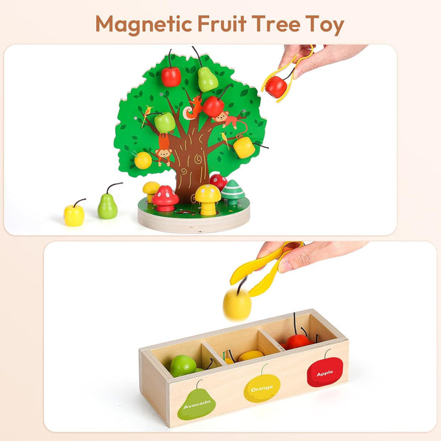 Montessori Fine Motor Toy – Wooden Magnetic Apple Picking Tree for Kids