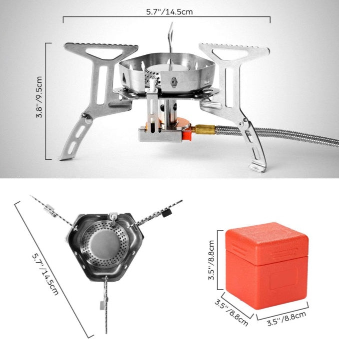 Windproof camping stove, camping gas stove with windshield, fuel tank adapter, piezoelectric ignition, suitcase, portable folding stove burner, outdoor backpack, hiking and picnic