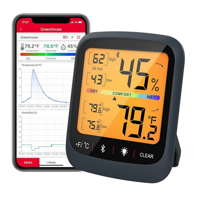 Bluetooth hygrometer thermometer, 260-foot wireless remote temperature and humidity monitor, with large backlit LCD, indoor thermometer and hygrometer