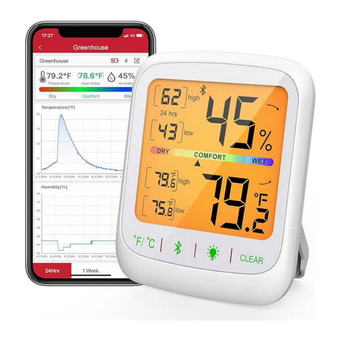 Bluetooth hygrometer thermometer, 260-foot wireless remote temperature and humidity monitor, with large backlit LCD, indoor thermometer and hygrometer