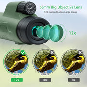 12x50 HD Monocular Telescope for Adults | with Smartphone Adapter, Tripod & Hand Strap