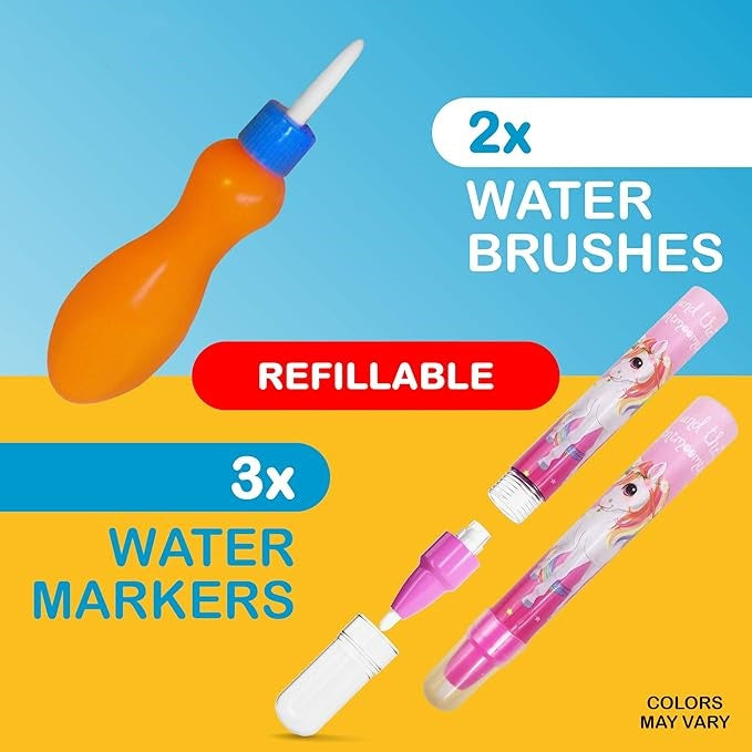 Water Doodle Mat - for Kids 60x40 Inch Water Drawing Canvas - Fun and Educational Alphabet Aqua Magic Coloring Pad with Brushes, Stamps, Stencils, Carry Case - Reusable, Mess Free, Non Toxic
