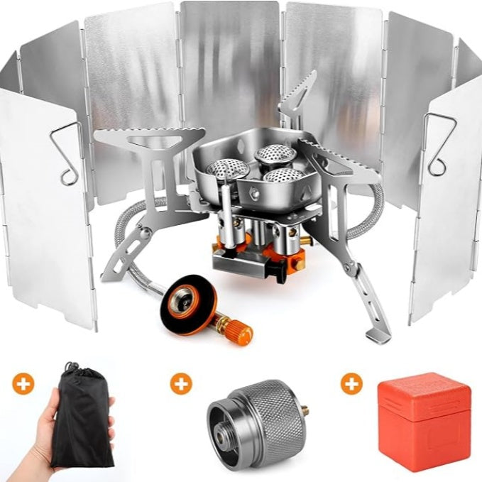 Windproof camping stove, camping gas stove with windshield, fuel tank adapter, piezoelectric ignition, suitcase, portable folding stove burner, outdoor backpack, hiking and picnic