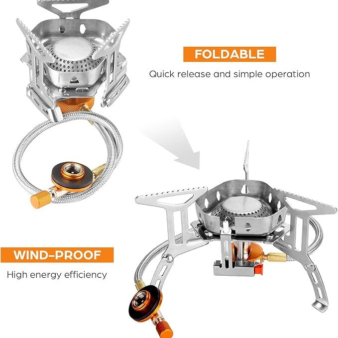Windproof camping stove, camping gas stove with windshield, fuel tank adapter, piezoelectric ignition, suitcase, portable folding stove burner, outdoor backpack, hiking and picnic