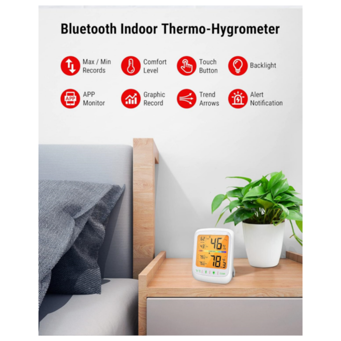 Bluetooth hygrometer thermometer, 260-foot wireless remote temperature and humidity monitor, with large backlit LCD, indoor thermometer and hygrometer