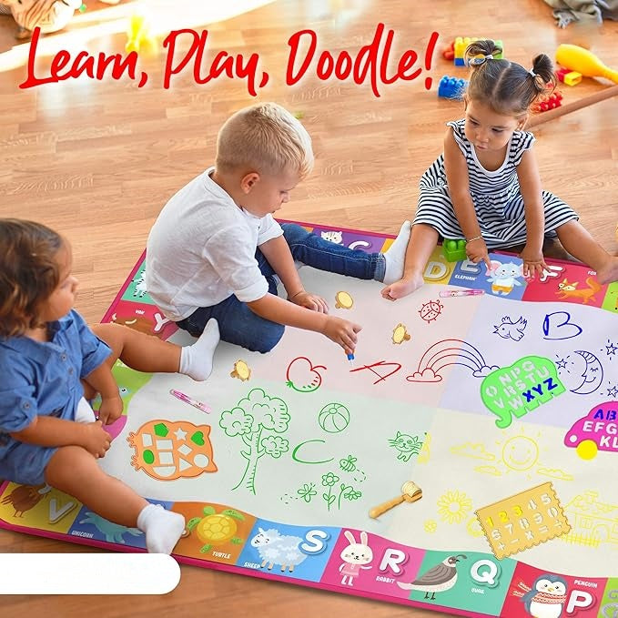 Water Doodle Mat - for Kids 60x40 Inch Water Drawing Canvas - Fun and Educational Alphabet Aqua Magic Coloring Pad with Brushes, Stamps, Stencils, Carry Case - Reusable, Mess Free, Non Toxic