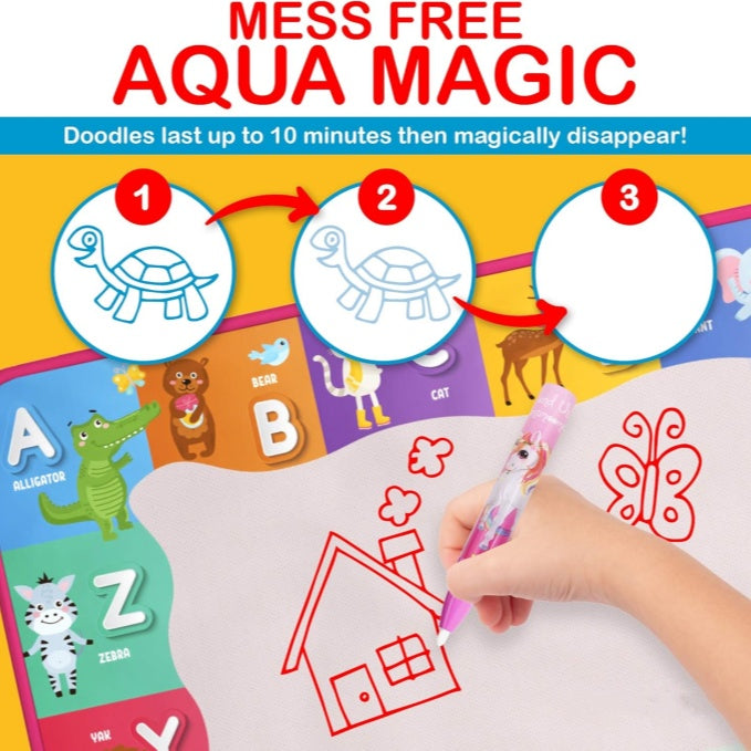 Water Doodle Mat - for Kids 60x40 Inch Water Drawing Canvas - Fun and Educational Alphabet Aqua Magic Coloring Pad with Brushes, Stamps, Stencils, Carry Case - Reusable, Mess Free, Non Toxic