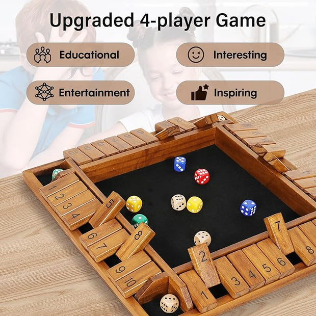 Shut the Box Wooden Dice Game – 1 to 4 Players | Math Strategy Tabletop Game with 8 Colored Dice & Storage Bag