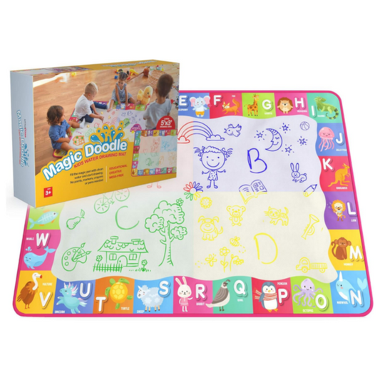 Water Doodle Mat - for Kids 60x40 Inch Water Drawing Canvas - Fun and Educational Alphabet Aqua Magic Coloring Pad with Brushes, Stamps, Stencils, Carry Case - Reusable, Mess Free, Non Toxic